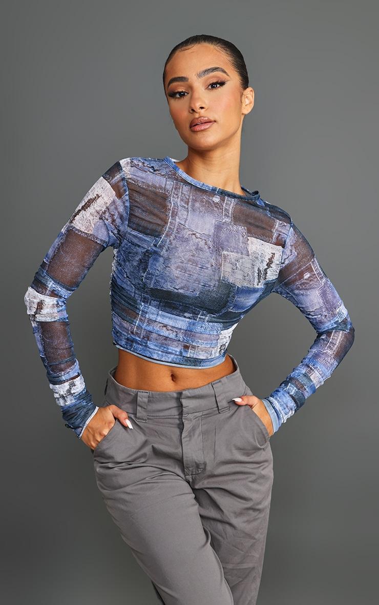 Petite Blue Denim Print Ruched Mesh Crop Top product image