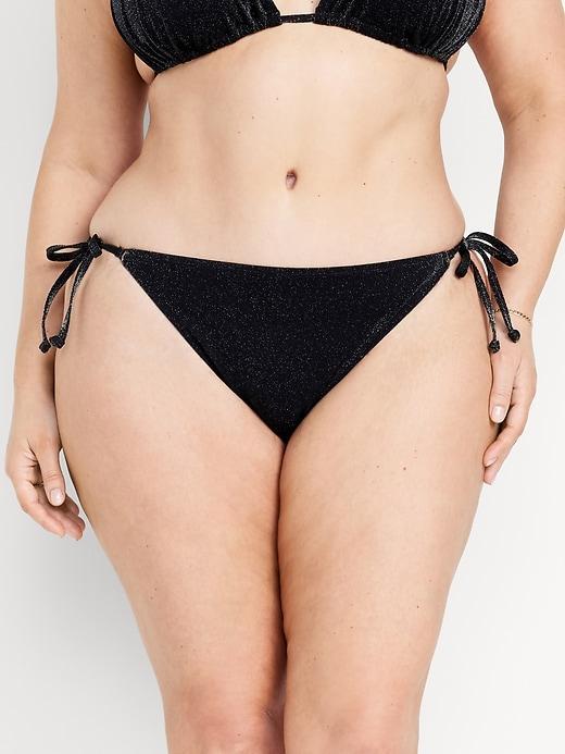 Mid-Rise Side-Tie Shine String Bikini Swim Bottoms Product Image