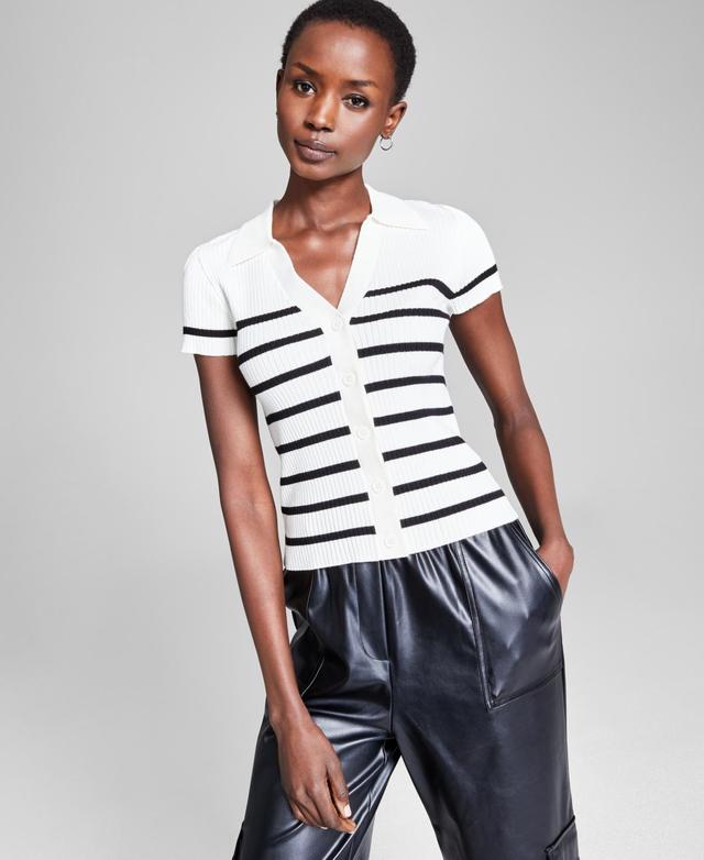 And Now This Womens Striped Ribbed Polo Short-Sleeve Sweater, Created for Macys Product Image