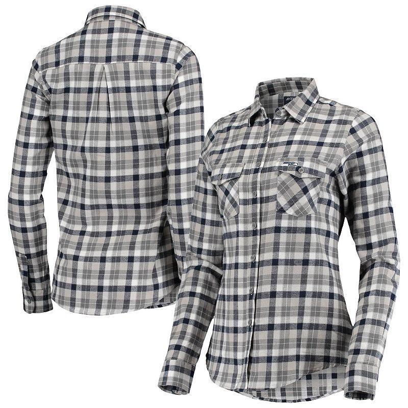 Womens Antigua College /Gray Seattle Seahawks Ease Flannel Button-Up Long Sleeve Shirt Blue Product Image