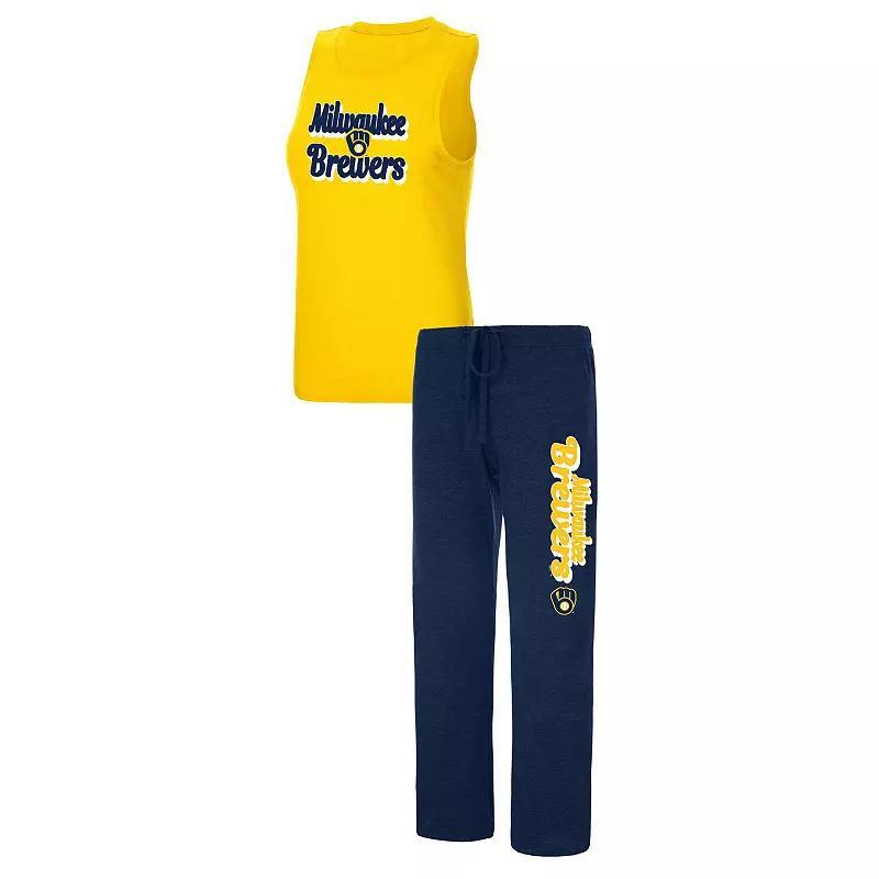 Womens Concepts Sport /Gold Milwaukee Brewers Wordmark Meter Muscle Tank Top & Pants Sleep Set Blue Product Image