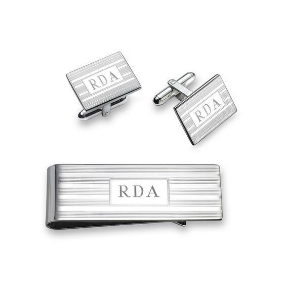 Men's Engravable Money Clip and Cuff Links Set in Sterling Silver (3 Initials) Product Image