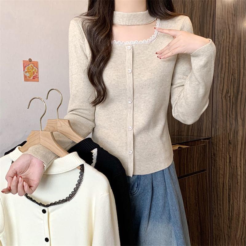 Long-Sleeve Mock Neck Cutout Lace Trim Button Knit Top Product Image