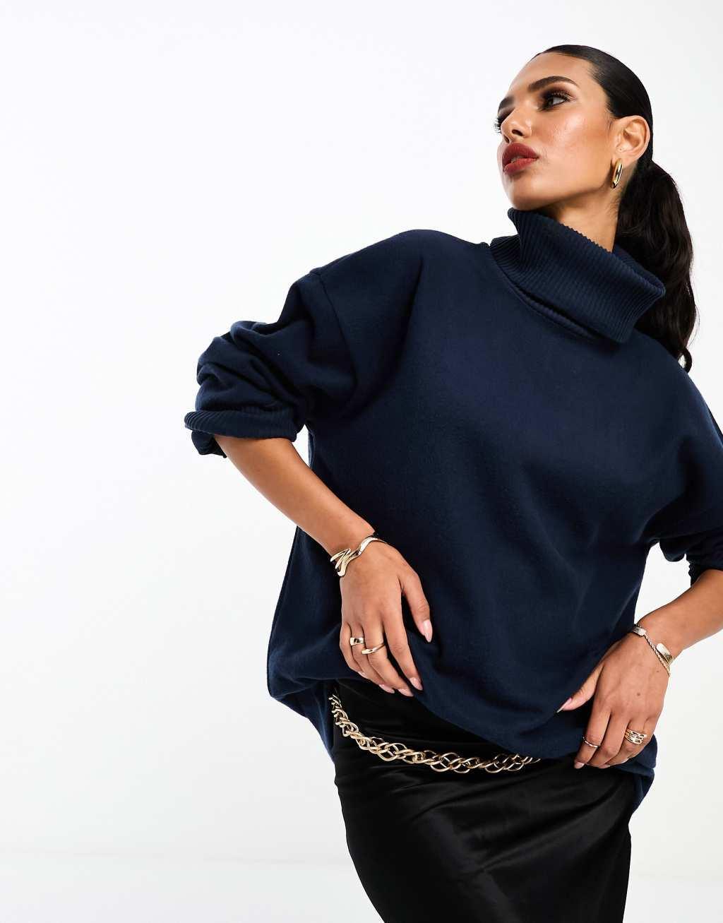 ASOS DESIGN supersoft long line turtleneck in navy - part of a set Product Image