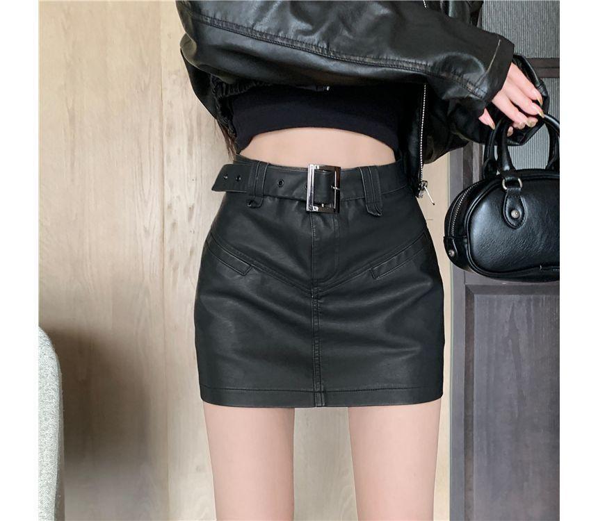 High Rise Plain Faux Leather Mini Pencil Skirt Product Image