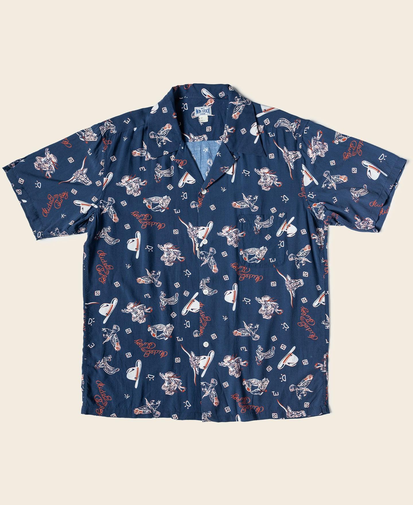 Cowboy Symbols Pattern Cuban Collar Shirt - Navy Product Image