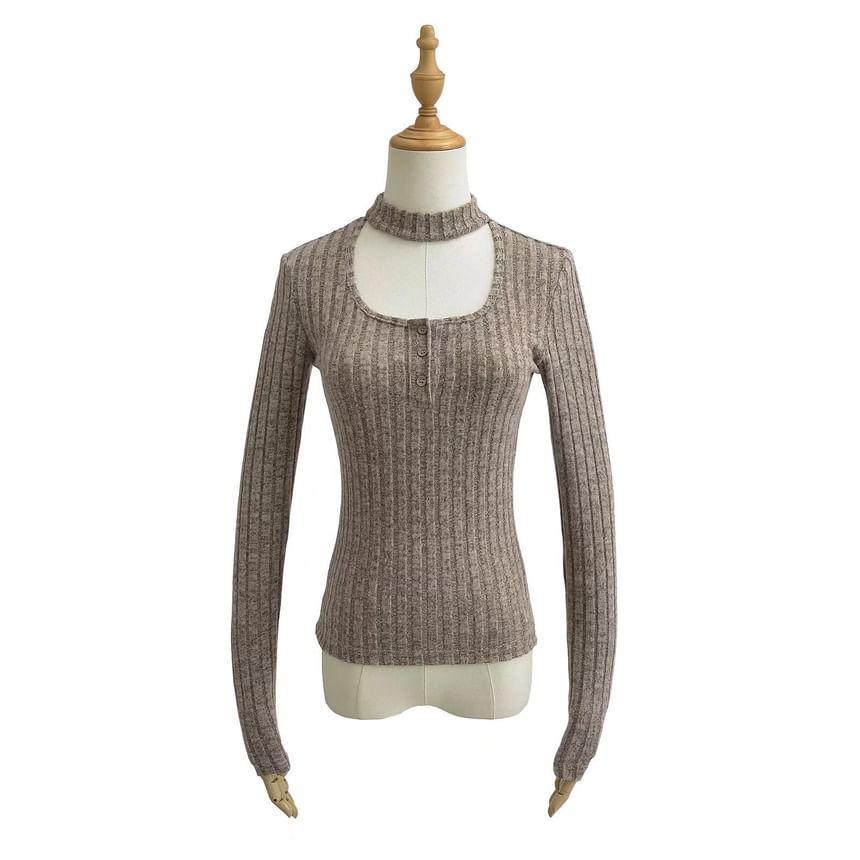 Long-Sleeve Choker-Neck Melange Ribbed Knit Top Product Image