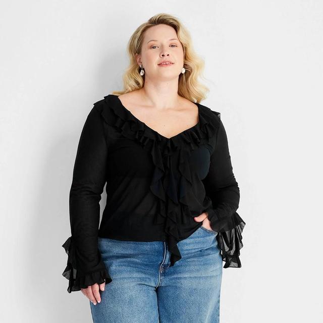 Womens Ruffle Long Sleeve V-Neck Blouse - Future Collective Black 2X Product Image