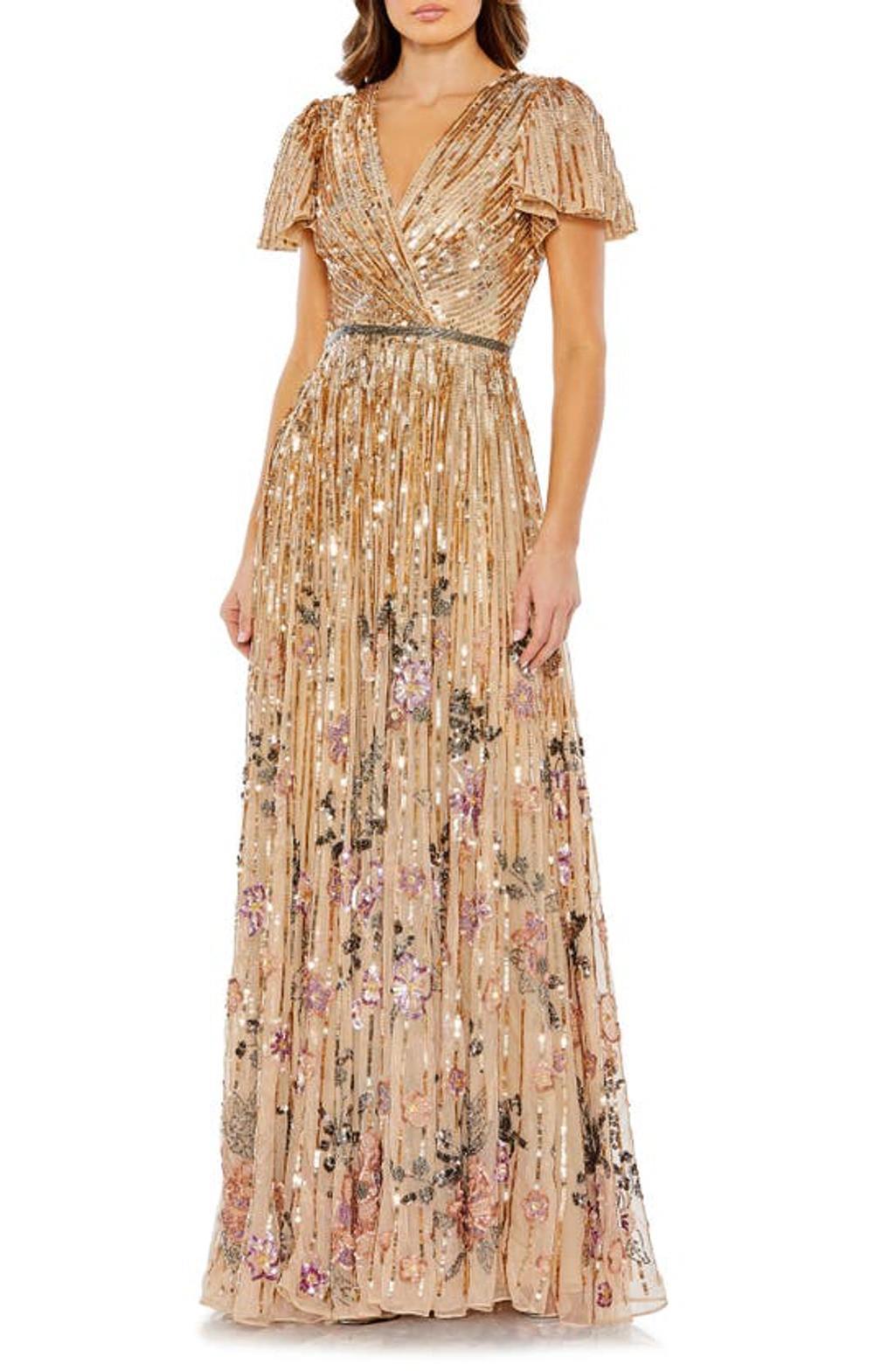 Sequin Floral Flutter Sleeve Gown In Copper Product Image