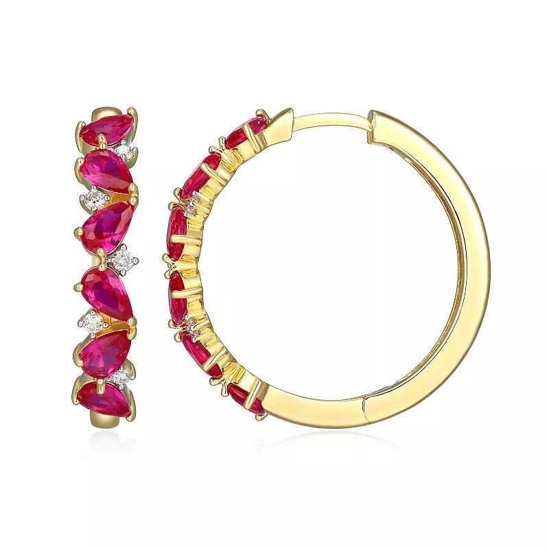 18k Yellow Gold Over Sterling Silver 1/6 Carat T.W. Lab-Grown Diamond and Lab-Created Ruby Huggie Hoop Earrings, Womens, Gold Tone Product Image