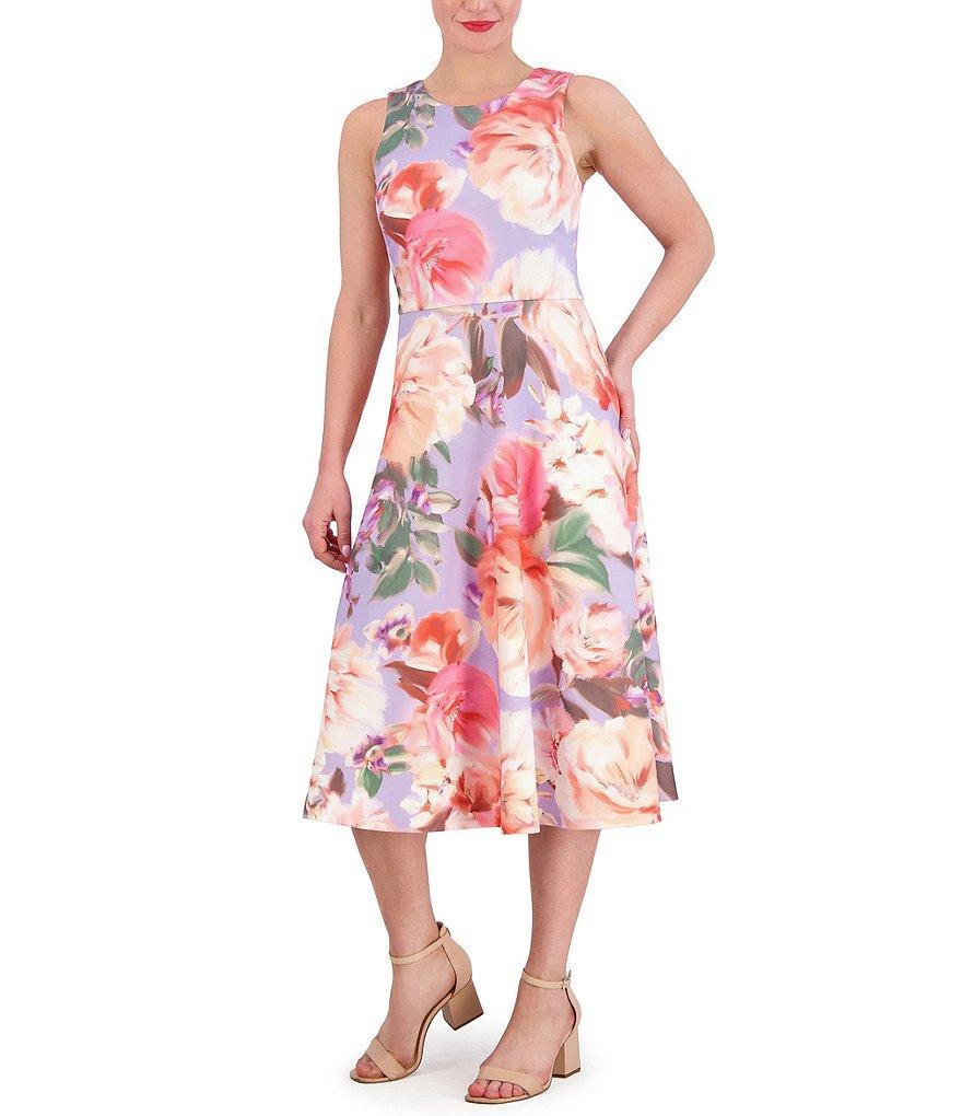 Vince Camuto Scuba Knit Floral Print Crew Neck Sleeveless Fit and Flare Pocketed Midi Dress Product Image