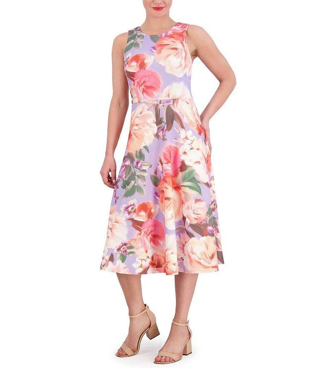 Vince Camuto Scuba Knit Floral Print Crew Neck Sleeveless Fit and Flare Pocketed Midi Dress Product Image