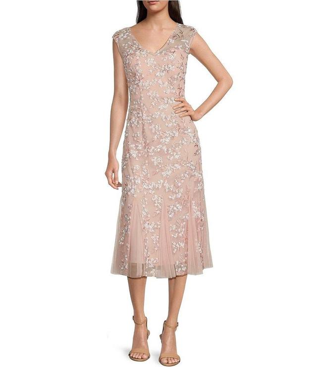 Alex Evenings Cap Sleeve V-Neck Godet Skirt Embroidered Fit and Flare Midi Dress Product Image