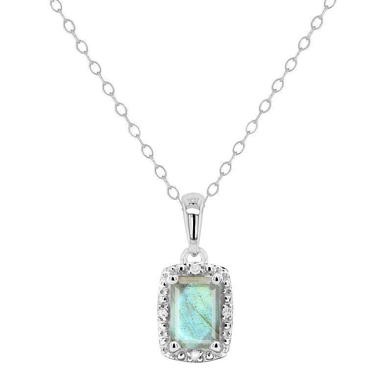 Celebration Gems Sterling Silver Emerald Cut Labradorite & Diamond Accent Pendant Necklace, Womens Grey Product Image