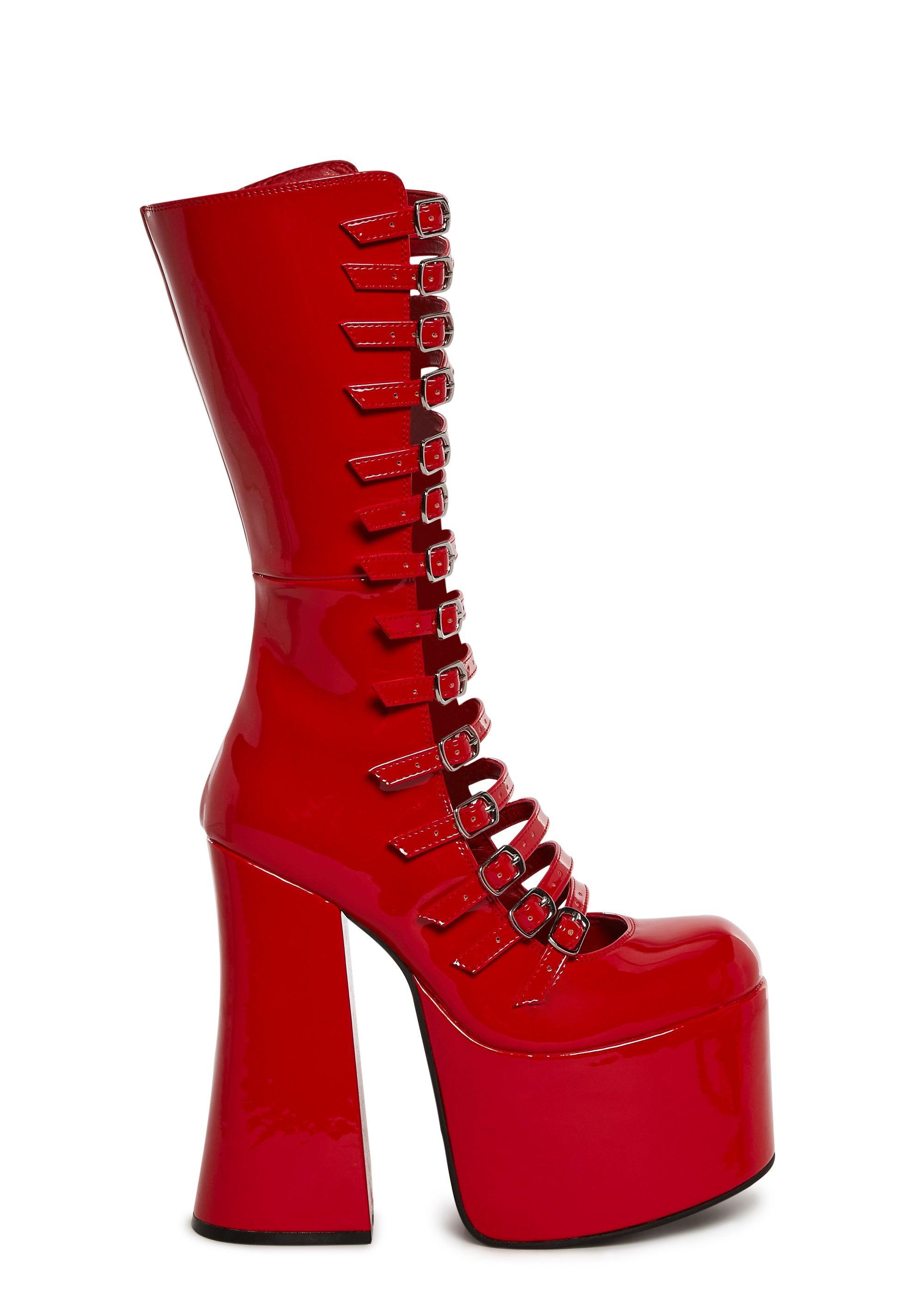 Patent Vegan Leather Buckle Zip Up Boots Widow - Red Product Image