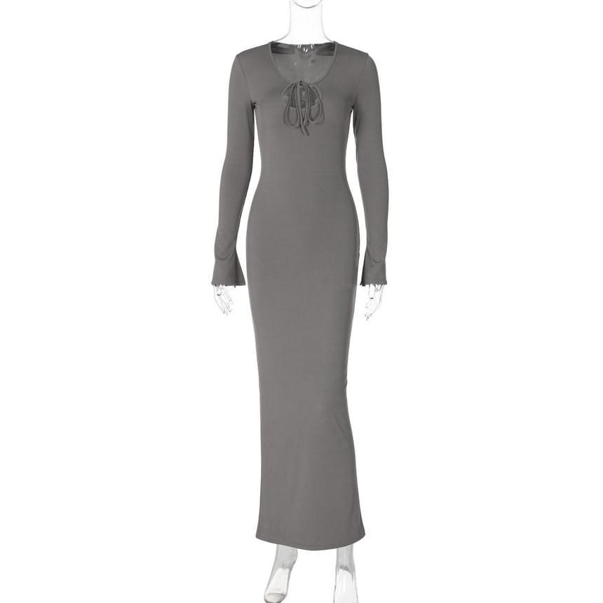 Long-Sleeve Round Neck Plain Cutout Maxi Sheath Dress Product Image