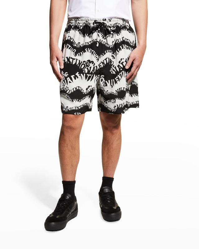 Valentino Garavani Men's Signature Wave-Print Silk Shorts - Size: 50 EU (34R US) - WHITE/BLACK Product Image