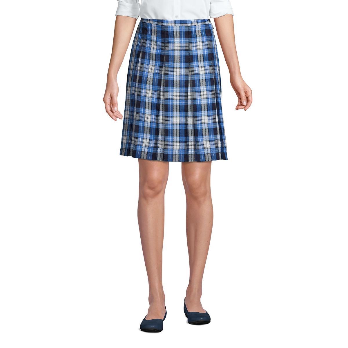 Womens Lands End School Uniform Plaid Box Pleat Skirt Blue Large Plaid Product Image