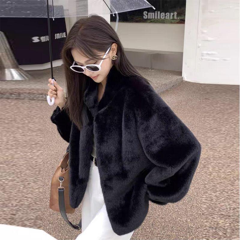 Long Sleeve Faux Fur Button-Up Jacket Product Image