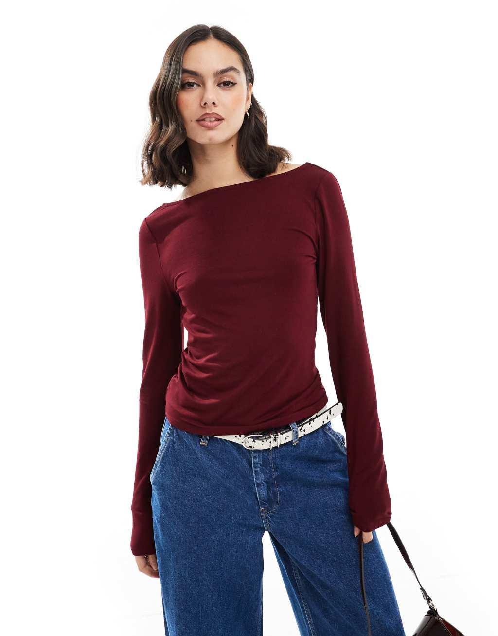 ASOS DESIGN long sleeve slash neck top with button detail in burgundy Product Image