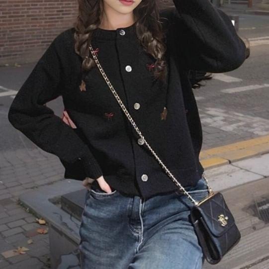 Crewneck Embroidered Button-Up Cardigan Product Image