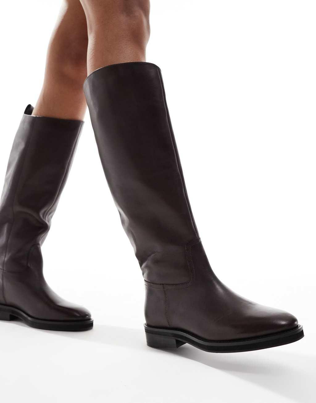 ASOS DESIGN Cheltenham smart leather knee boots in brown Product Image