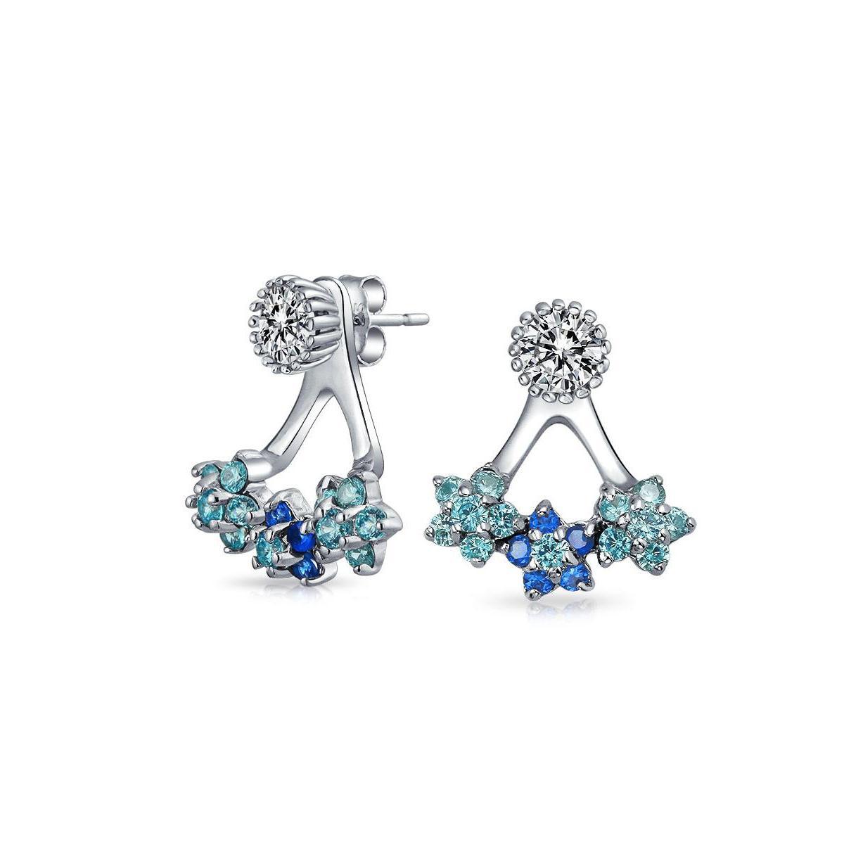 Bling Jewelry Aqua Blue Cubic Zirconia Flower Fan Cz Ear Back Front Stud Jacket Earrings For Women For Sterling Silver Product Image