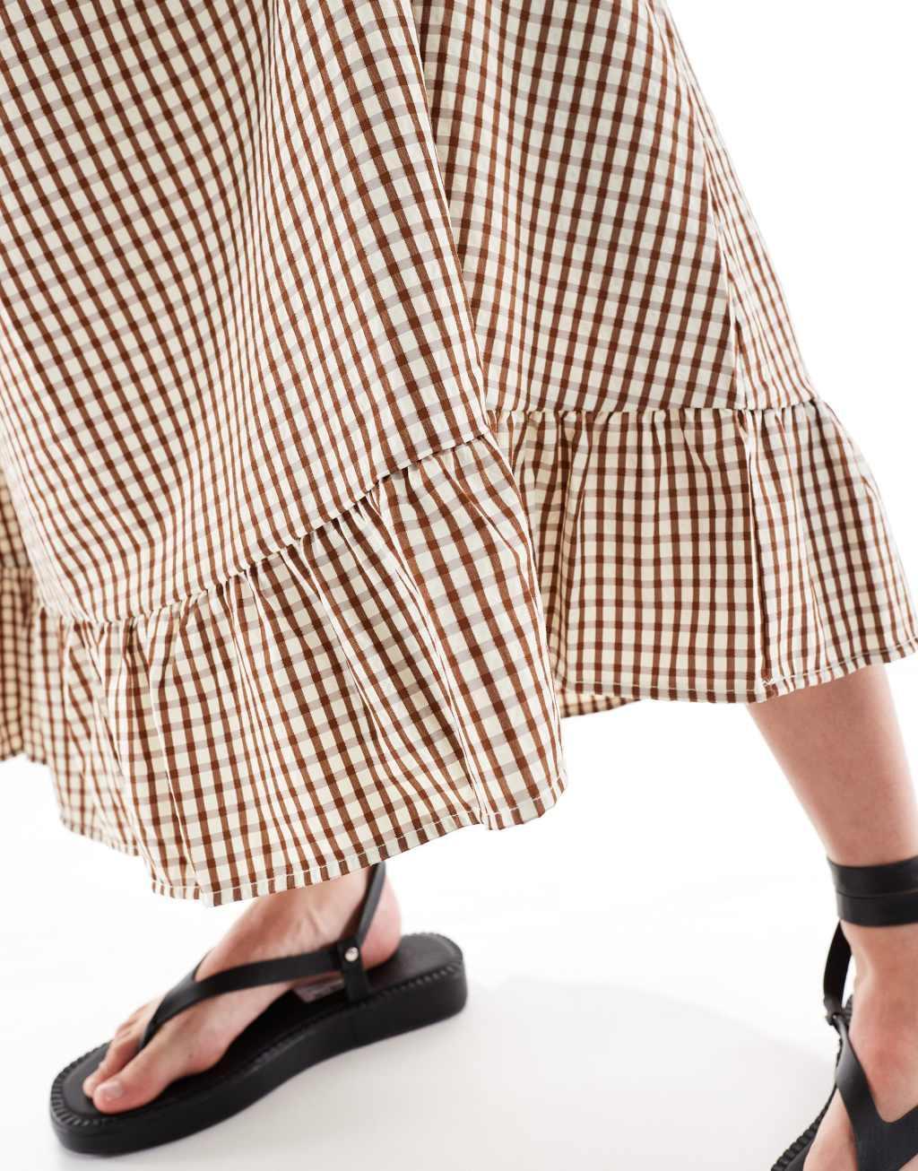 ONLY Tall gingham maxi skirt in brown  product image