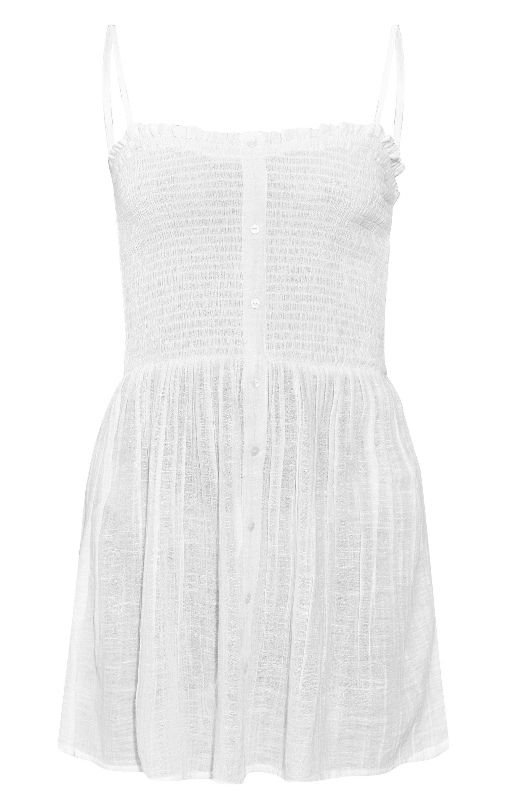 Cream Shirred Button Up Strappy Shift Dress Product Image