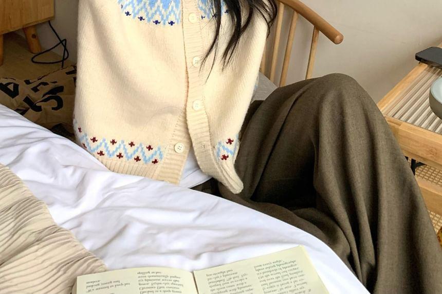 Round Neck Patterned Button Up Cardigan Product Image