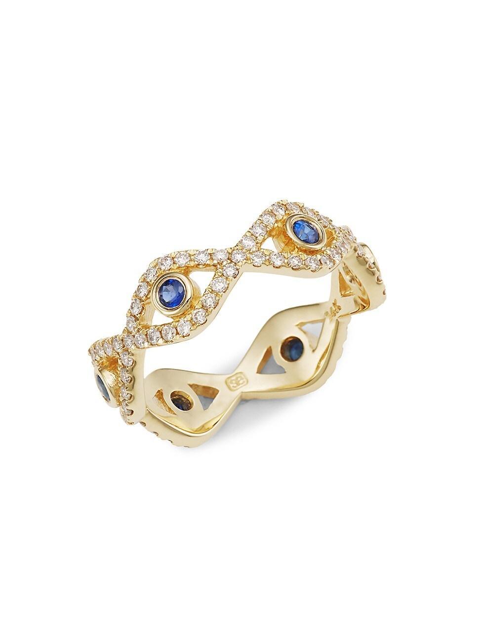 Womens 14K Yellow Gold, Diamond & Sapphire Evil Eye Ring Product Image