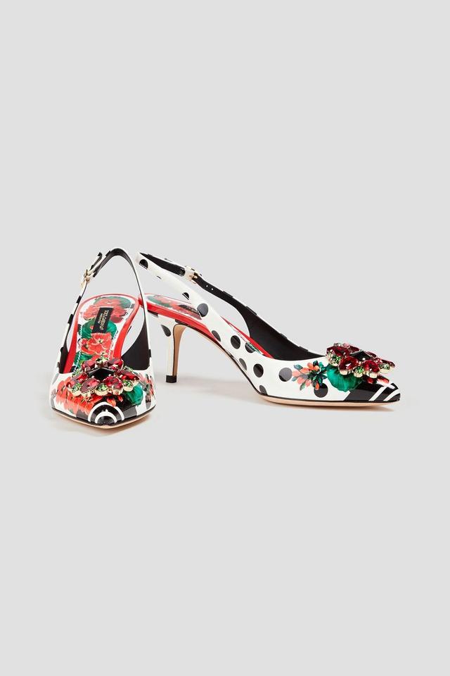 Crystal-embellished Printed Patent-leather Slingback Pumps In White Product Image