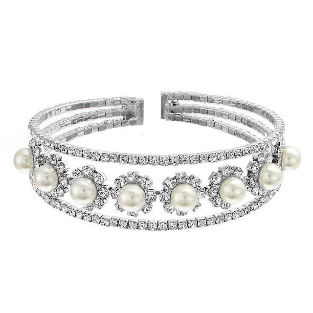 Vieste Crystal & Pearl Nickel Free Drama Cuff Bracelet, Womens, Silver Tone Product Image