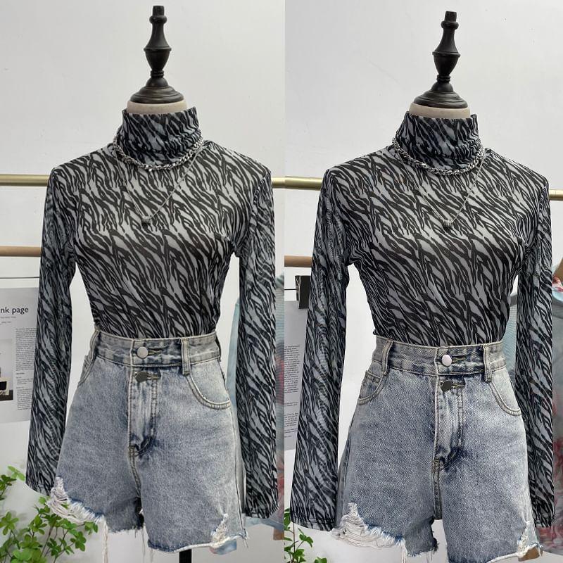 Long Sleeve Turtleneck Print Top Product Image