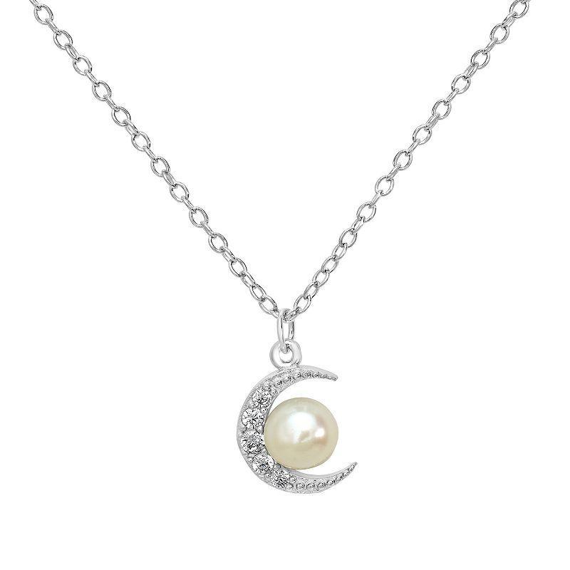 Gemistry Sterling Silver Cubic Zirconia & Freshwater Cultured Pearl Crescent Moon Pendant Necklace, Womens Product Image