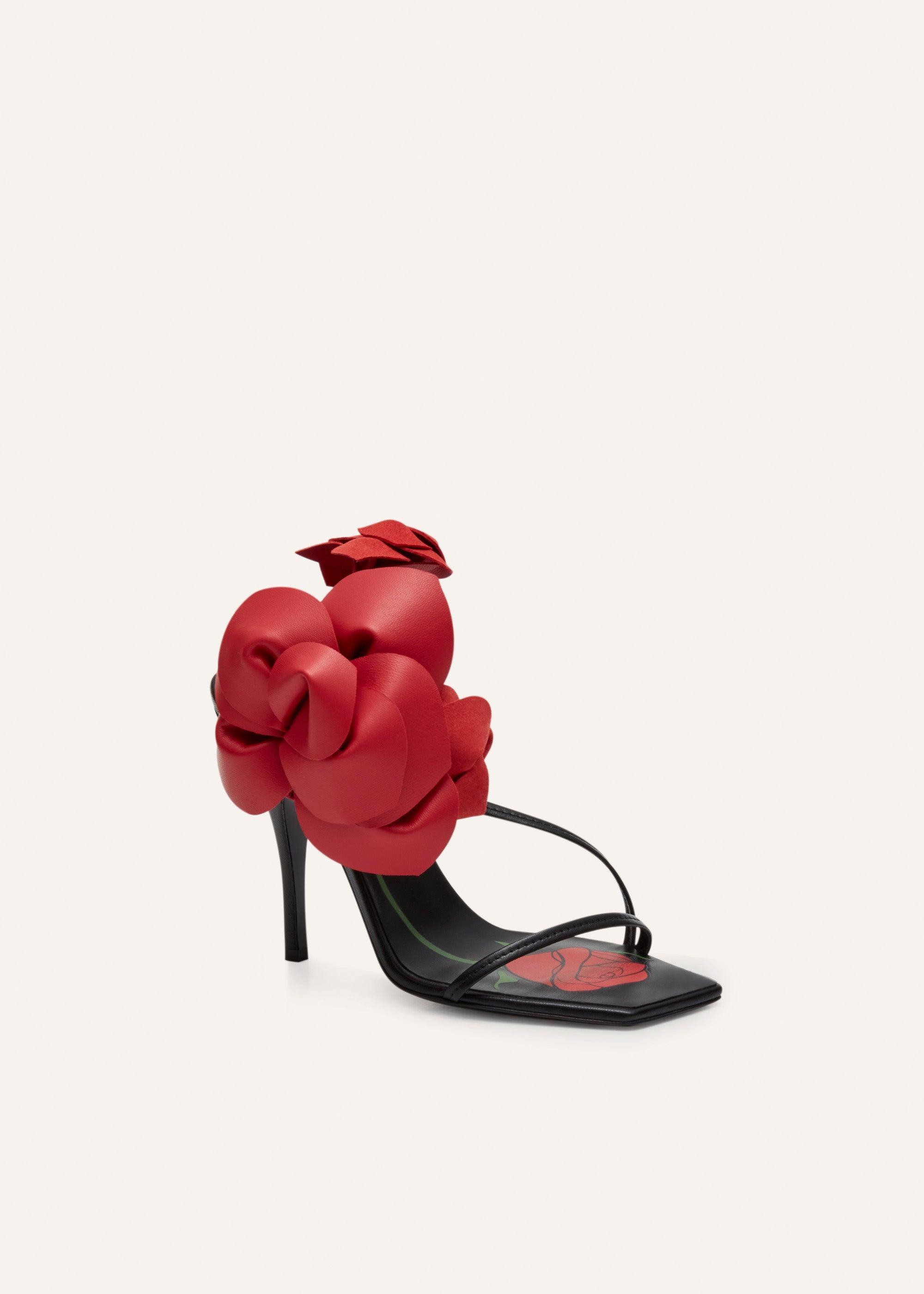 Rose appliqué leather sandals in black and red Product Image