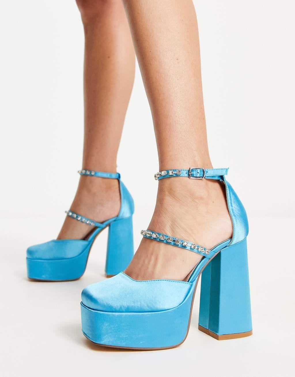 London Rebel mega platform embellished heeled shoes in blue satin Product Image