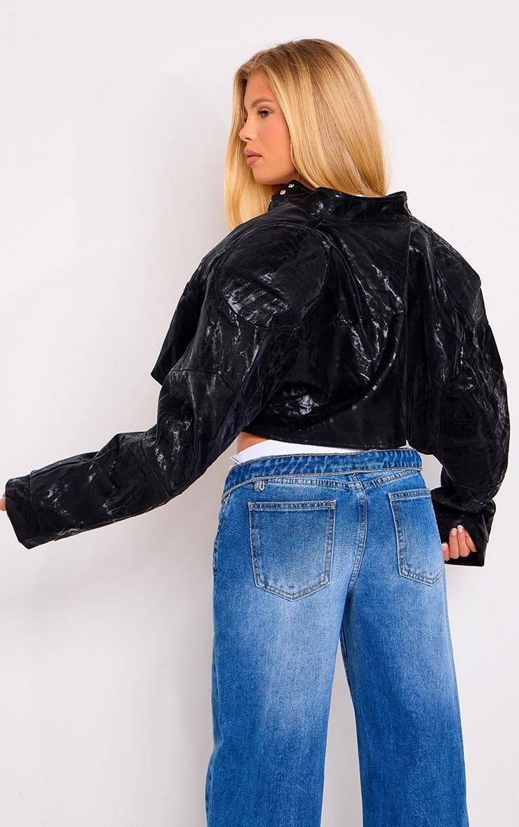 Black Sheen Look Panelled Cropped Biker Jacket Product Image