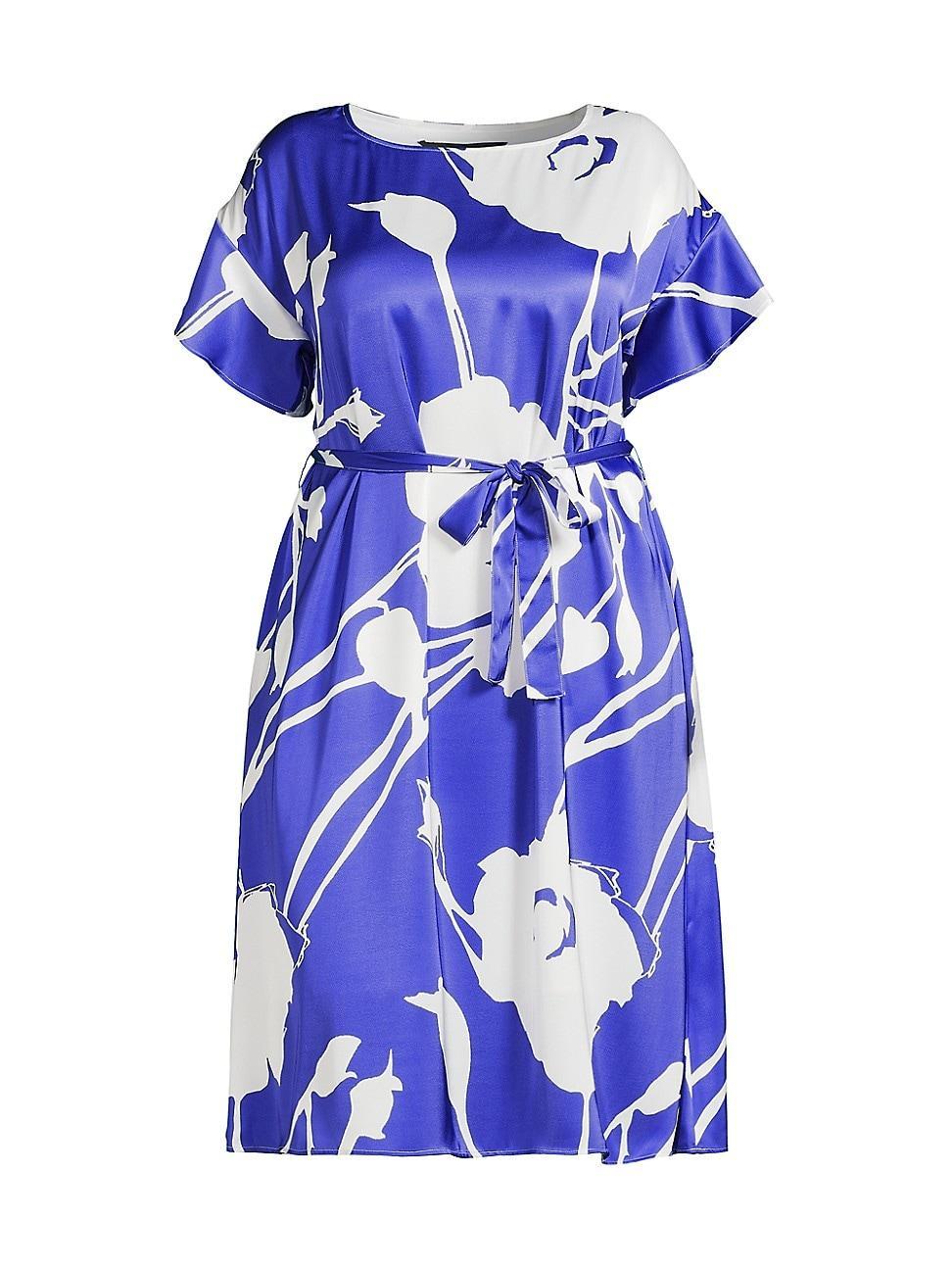 Womens Plus Floral Crpe De Chine Belted Shift Midi-Dress Product Image