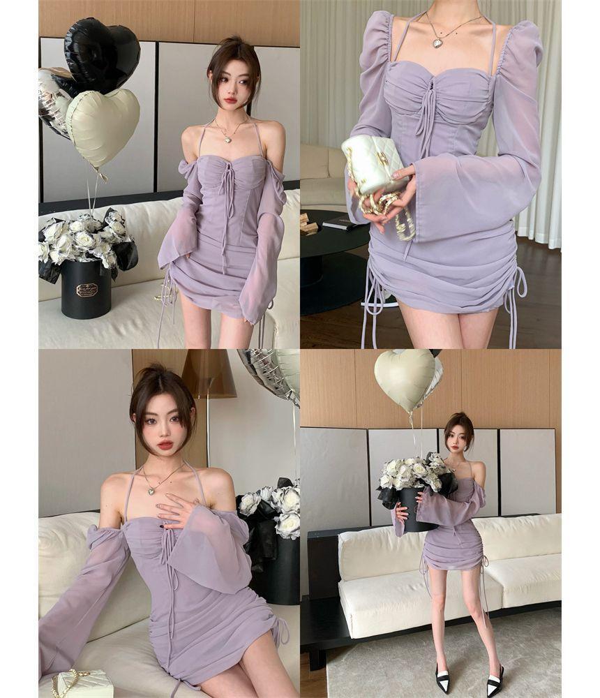 Long-Sleeve Halter-Neck Plain Mini Bodycon Dress Product Image