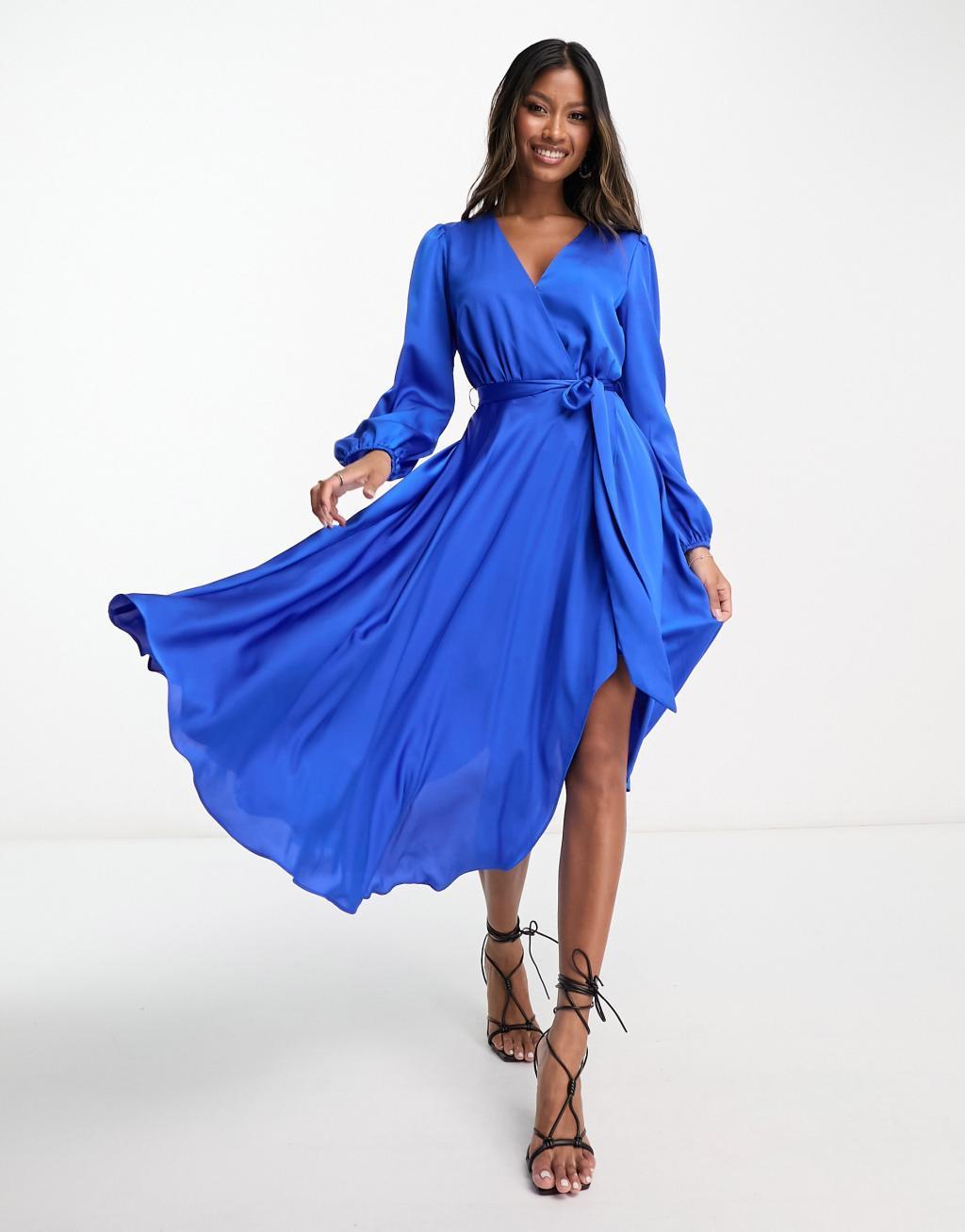 Ever New long sleeve tie waist midi dress in blue satin Product Image