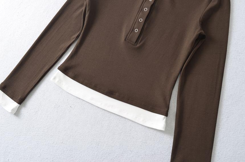 Mock Two-Piece Long-Sleeve Two-Tone Henley Tee Product Image