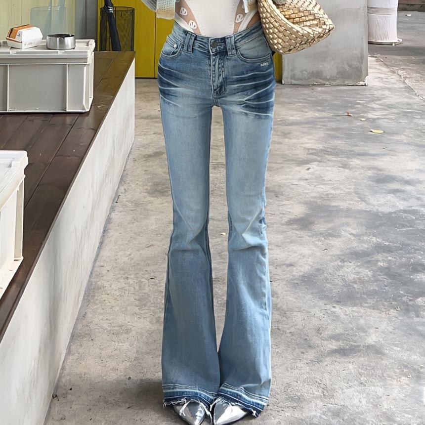 High Waist Washed Frayed Flared Jeans Product Image