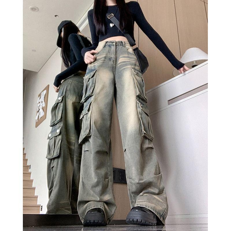 High Rise Washed Wide Leg Cargo Jeans Product Image