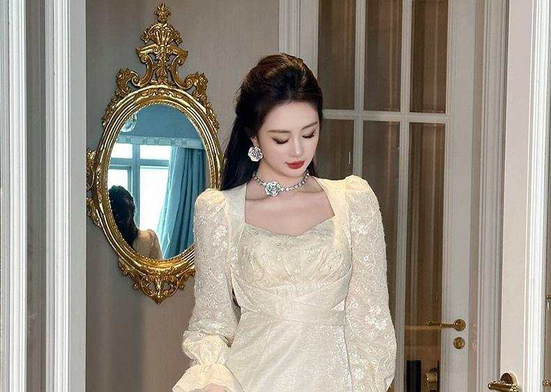 Long-Sleeve Lace Panel Mini A-Line Dress Product Image