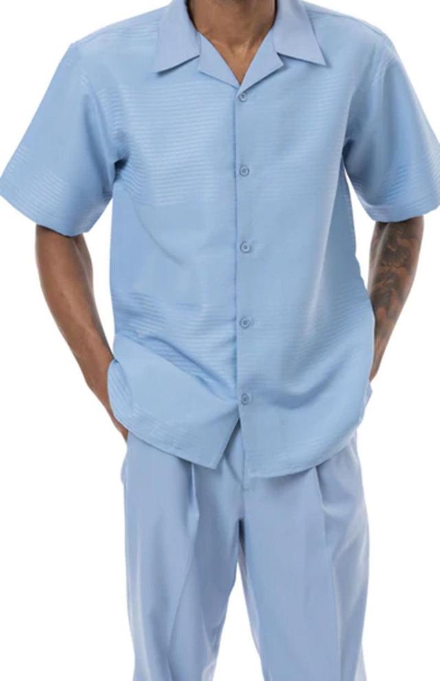 Carolina Blue Tone on Tone 2 Piece Short Sleeve Walking Suit Set Product Image