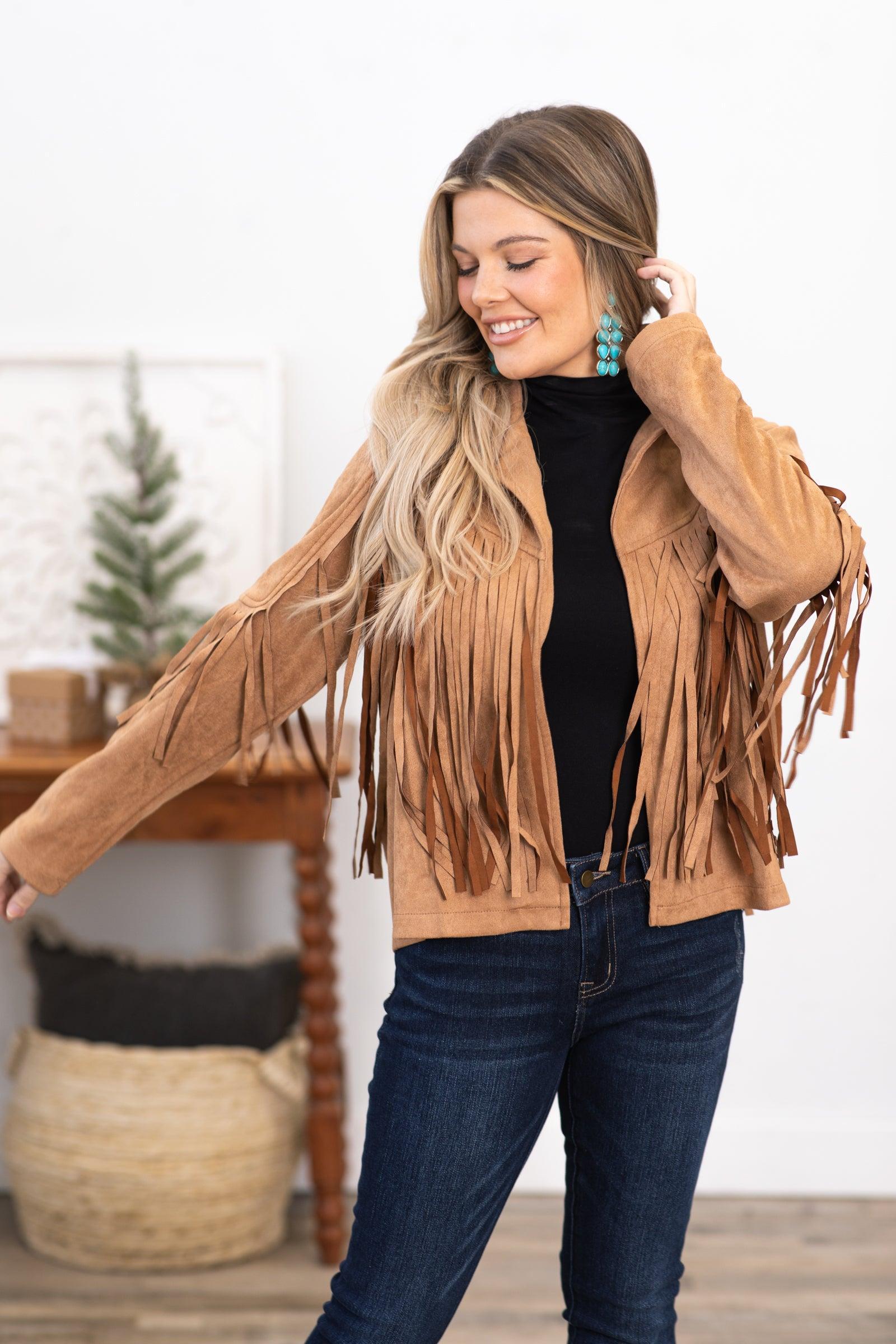 Camel Vegan Suede Jacket With Fringe Product Image