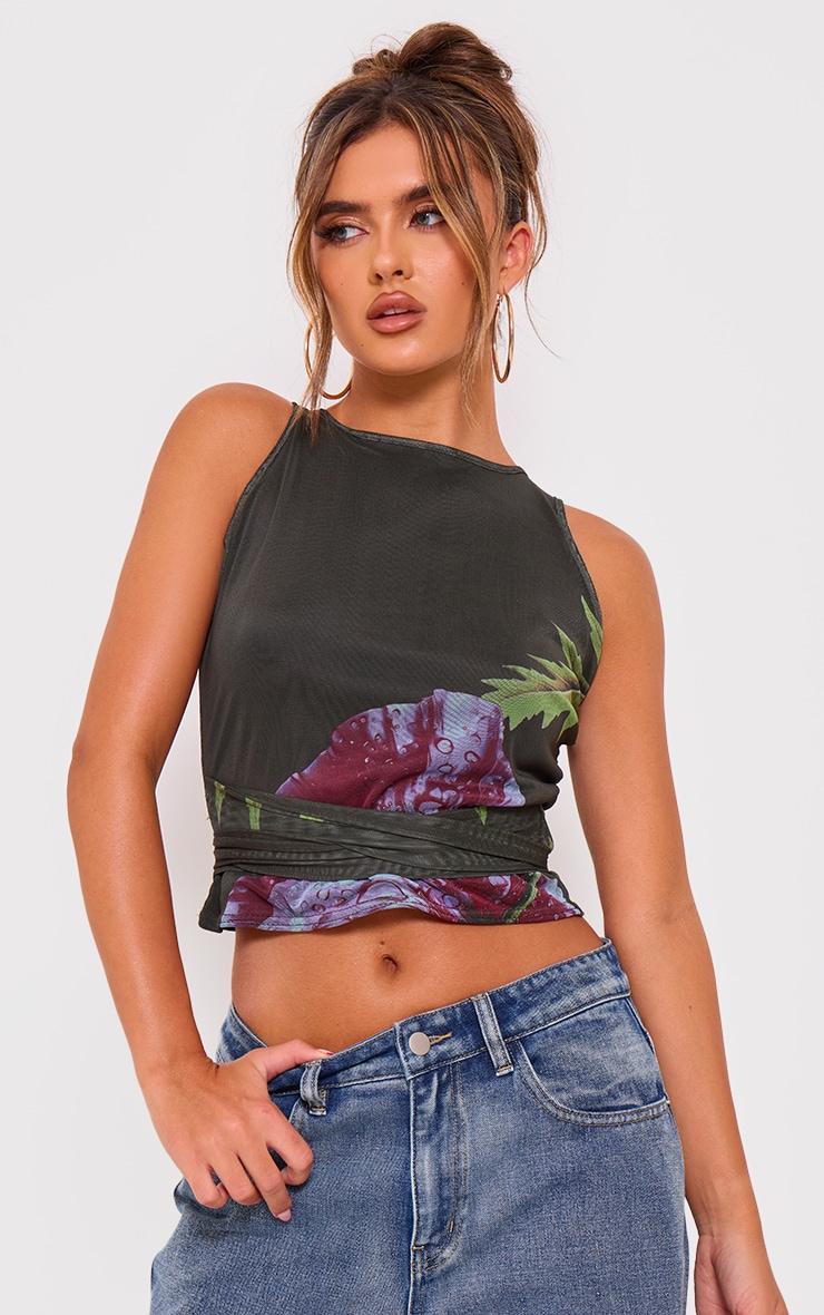 Green Printed Mesh Tie Detail Boat Neck Top Product Image