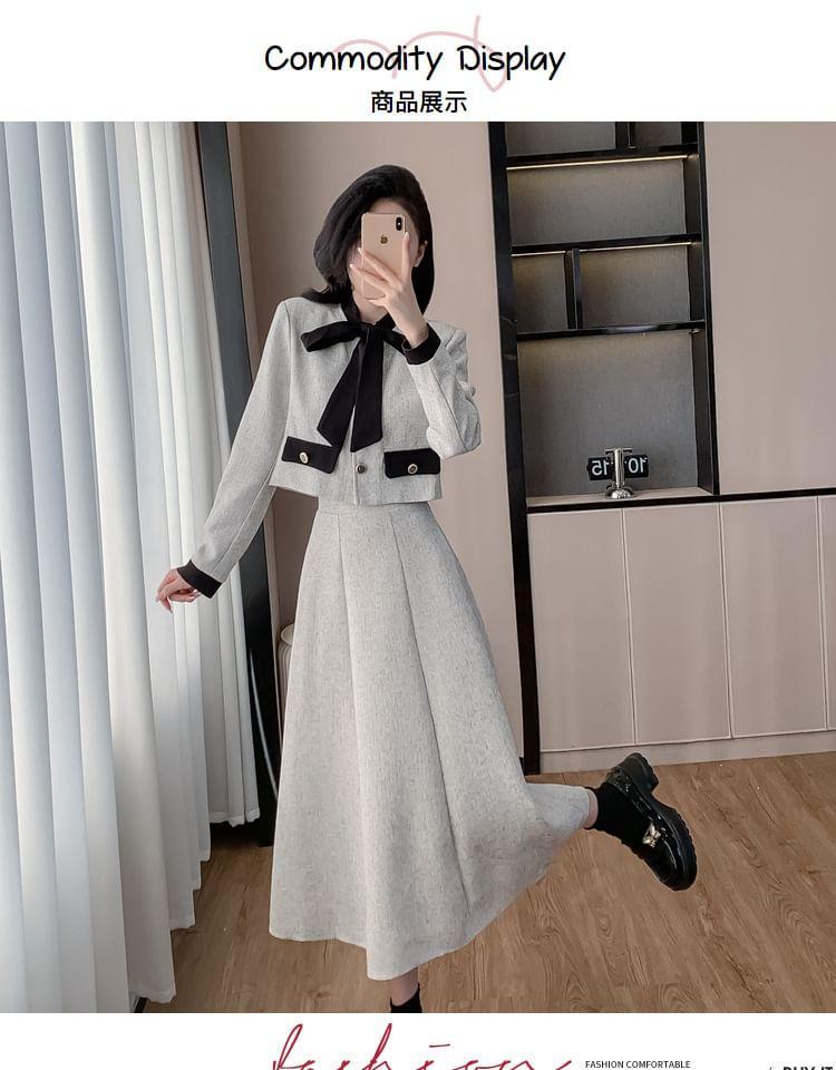 Set: Tie Neck Panel Button Jacket + High Rise Midi A-Line Skirt Product Image