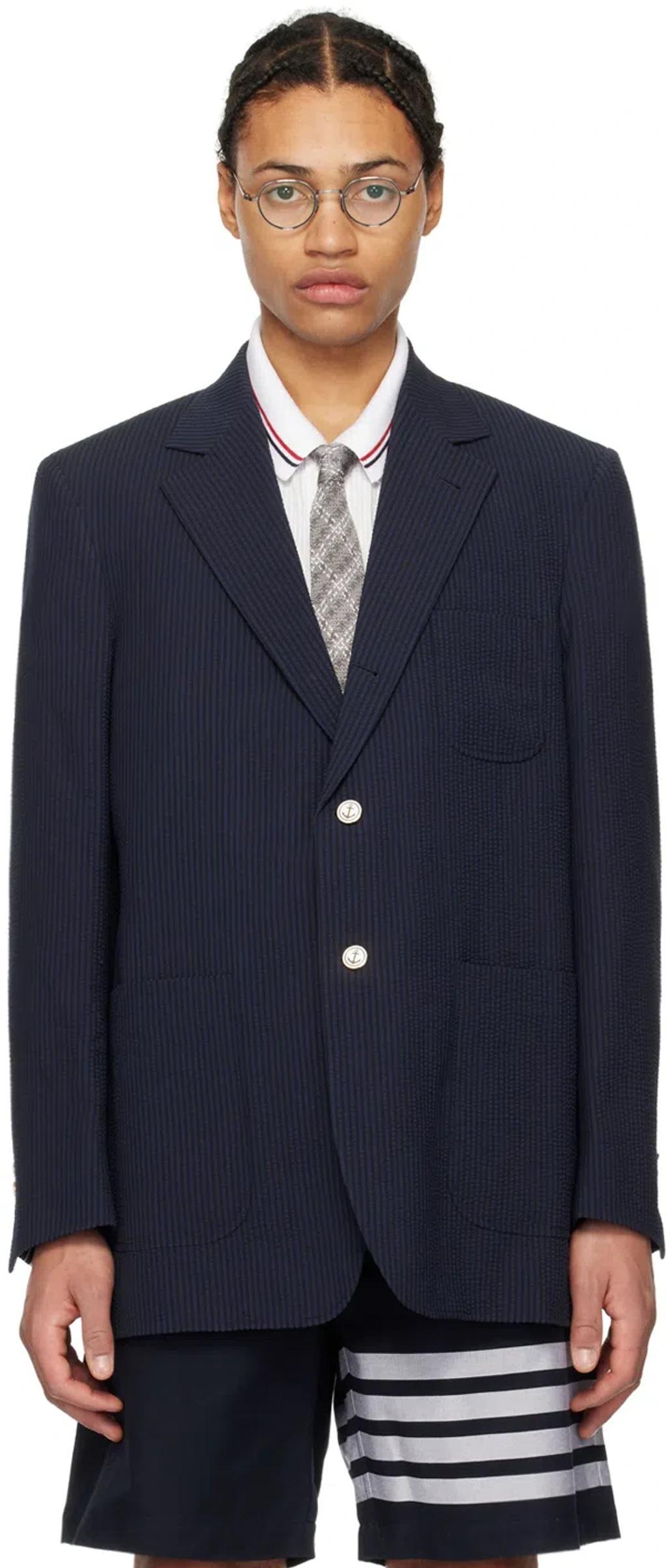 THOM BROWNE Navy Striped Blazer In Blue Product Image